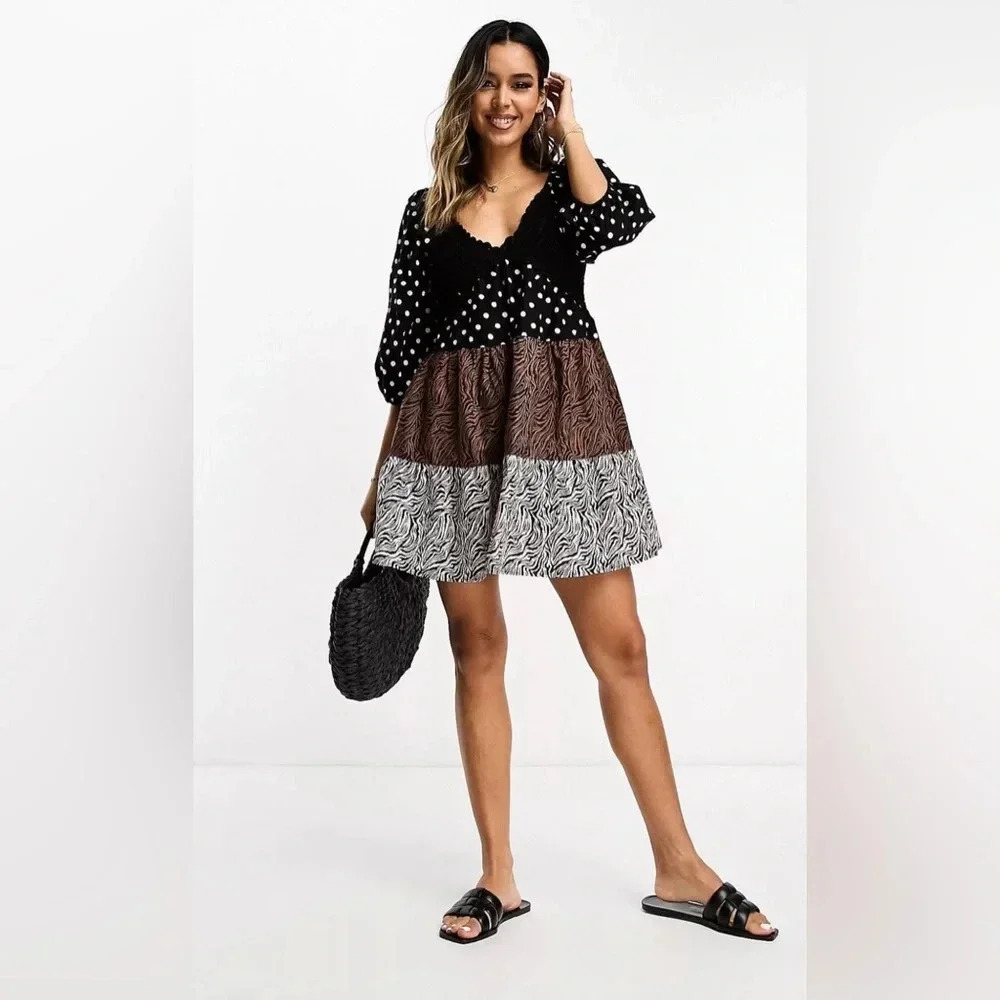 ASOS DESIGN crochet tiered babydoll mini dress in mixed animal print SZ 2O - Picture 3 of 9